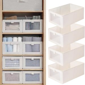Linen Closet Organizers And Storage, 4 Pack Closet Storage Bins Linen Closet Baskets for Closet Organization Foldable Closet Organizer Bins with Clear Window For Organizing Clothing, Jeans, Shelves