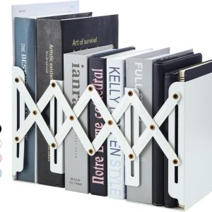 M&G Adjustable Bookends Book Ends for Shelves, Metal Bookend for Heavy Books, Desk Magazine File Organizer Holder Extends up to 20in, Book Stopper for Home, Office, Classroom (White)